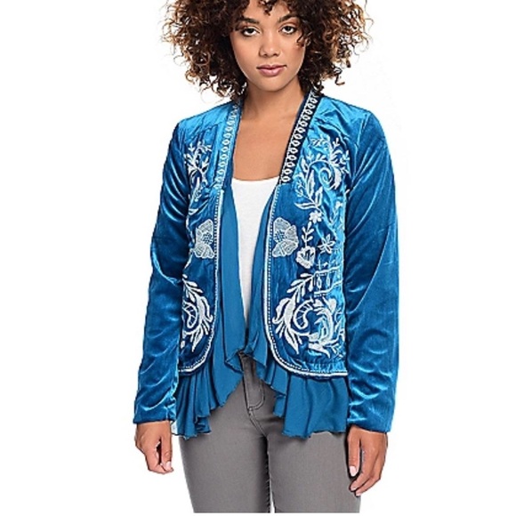 Indigo Thread Co.™ Velvet & Woven Gauze Hem Embroidered Open Front Jacket M - Picture 1 of 8